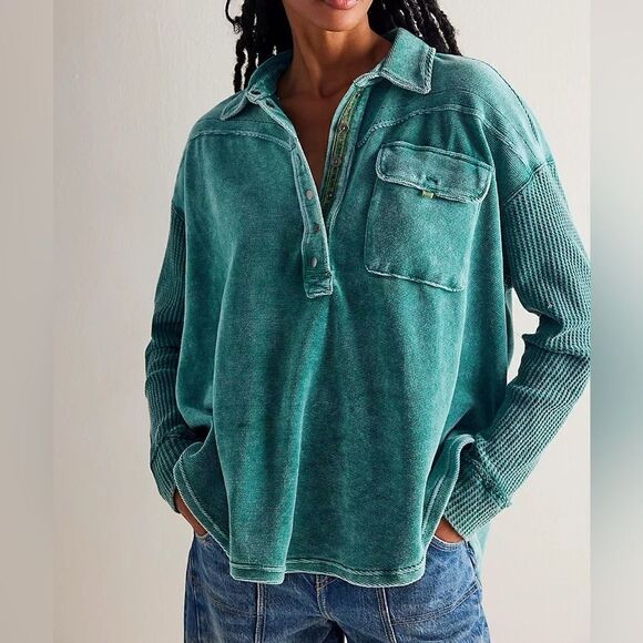 We The Free Luxe Velour Tee Long Sleeve Top Green S - Picture 1 of 7